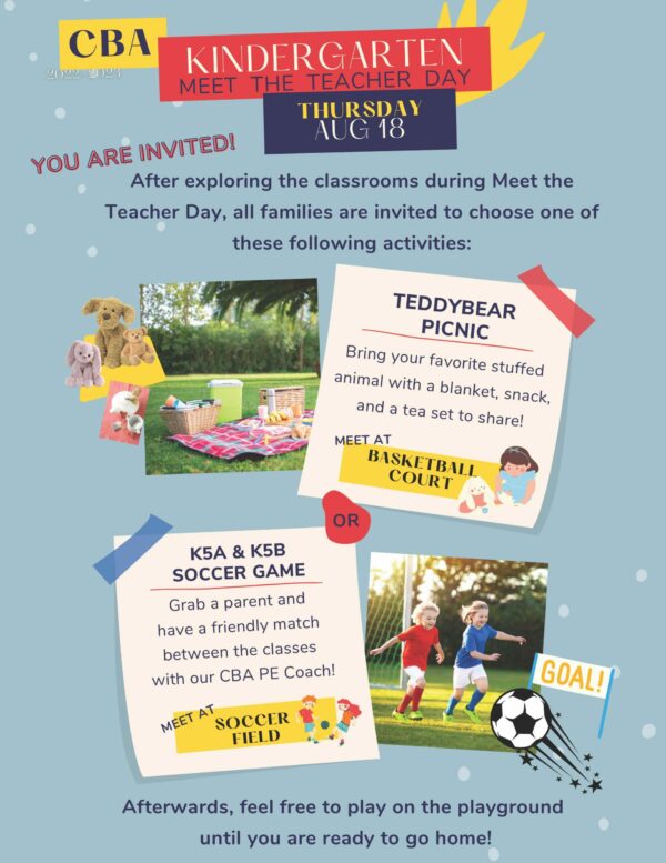 Meet the Teacher for Kindergarten is Thursday, August 18 and Early Childhood is Monday, August 22