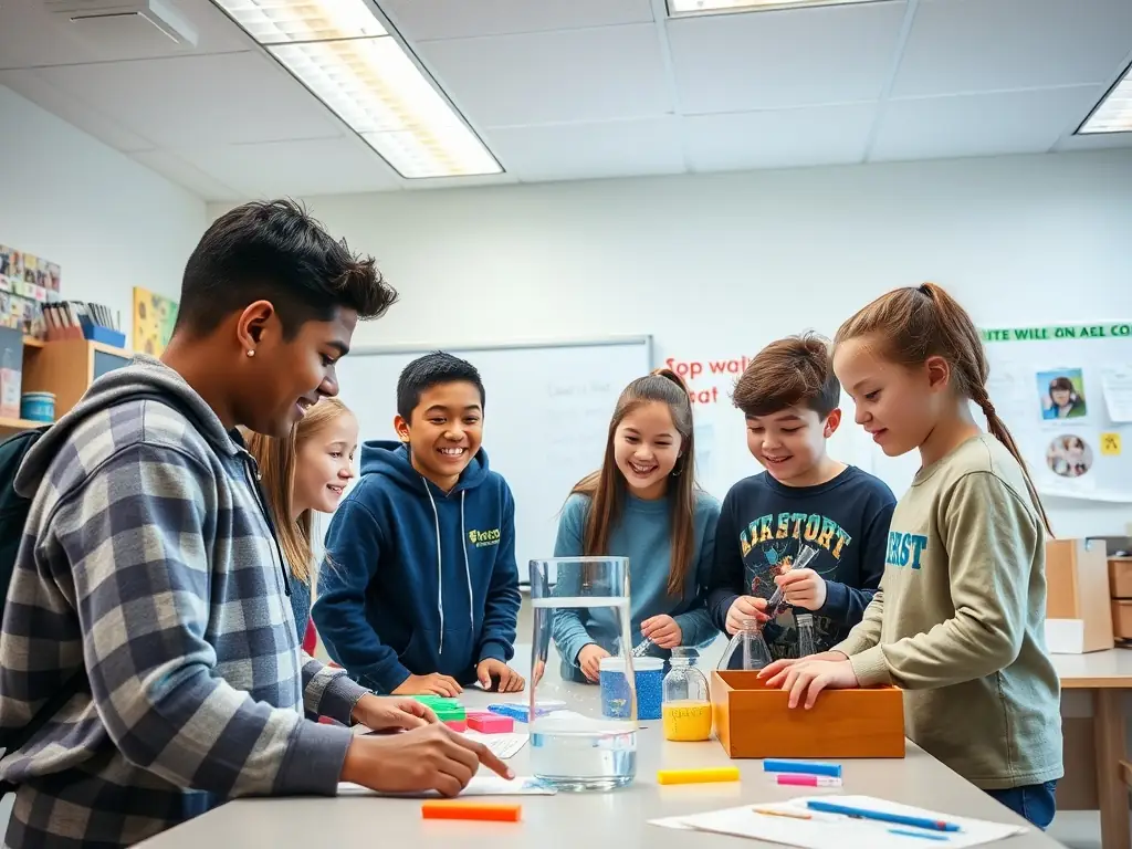 A group of elementary students at Charleston Bilingual Academy collaborating on a science project, demonstrating hands-on learning and teamwork in a bilingual setting.