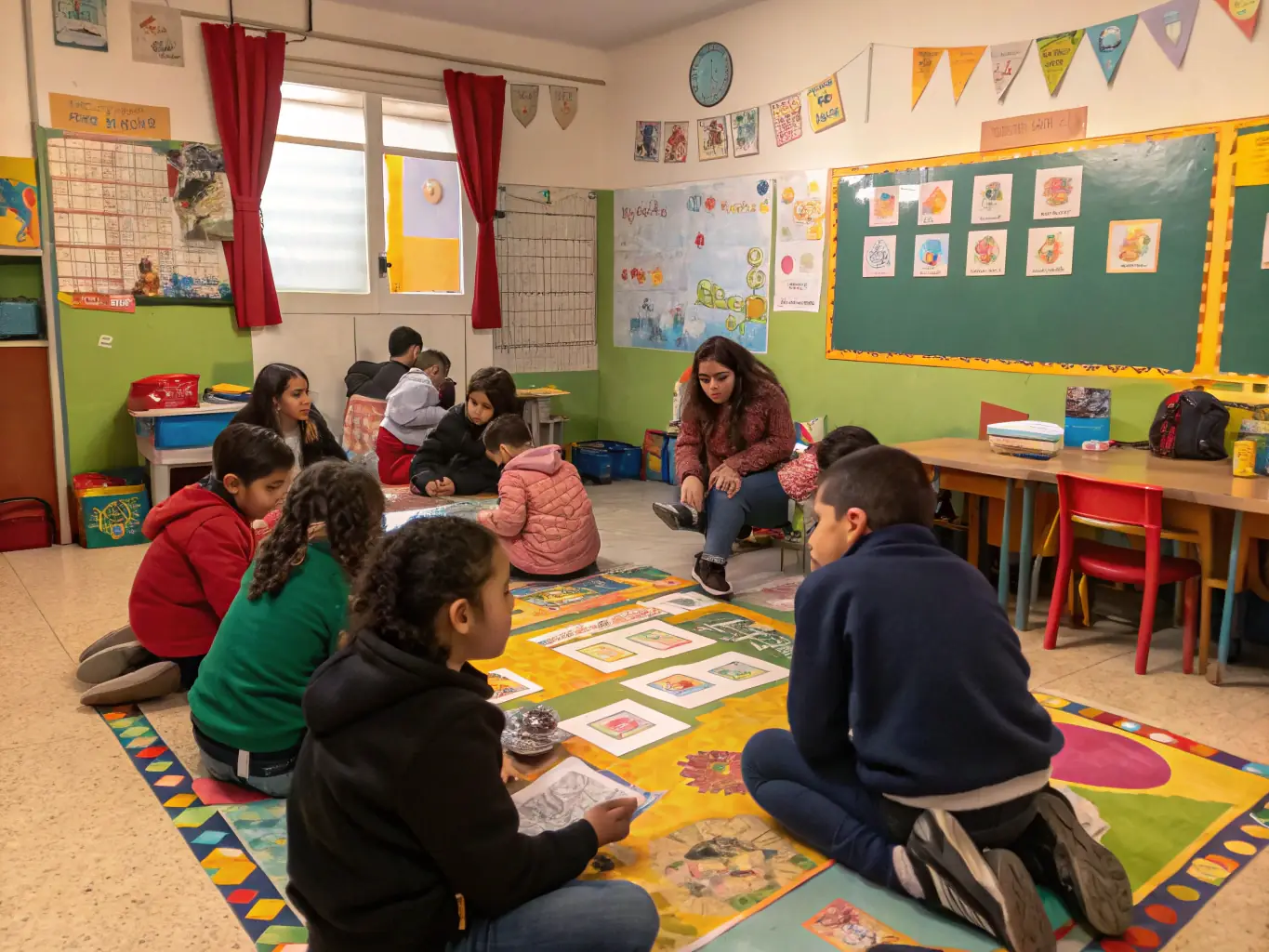 A vibrant classroom scene at Charleston Bilingual Academy, showcasing young students actively participating in a Spanish lesson with colorful learning materials and a passionate teacher.